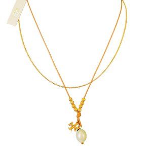 COPY - NEW Tory Burch Kira Cultured Pearl Logo Chain & Leather Necklace - Multi…